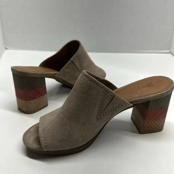 Frye Blake Heeled Mules Chevron Leather Suede Slip On Block Ash Brown Size 6.5 - Picture 5 of 10